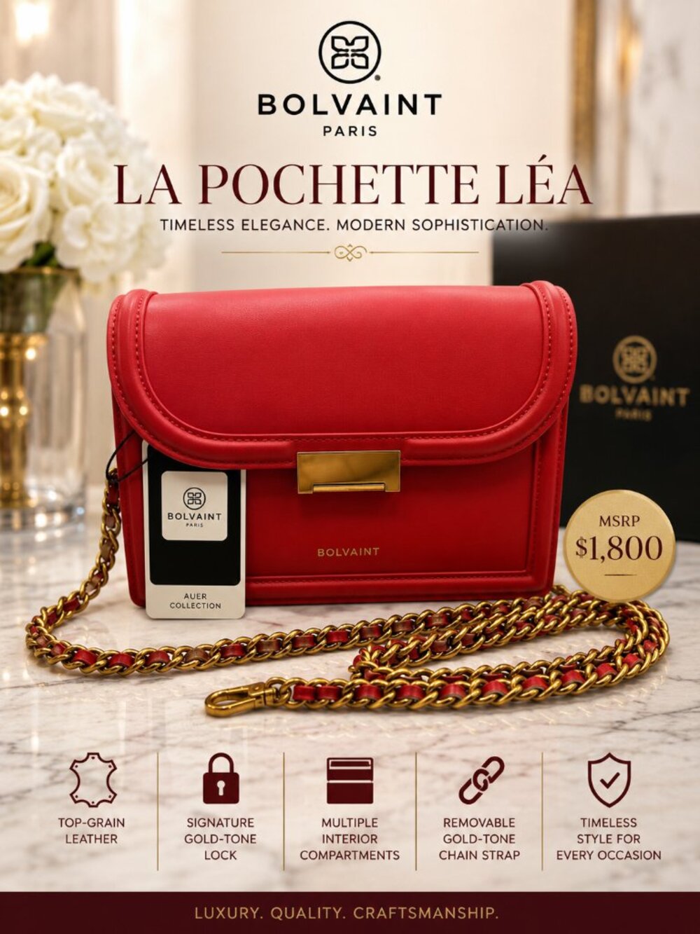 Bolvaint La Pochette Léa Red Leather Clutch Crossbody Gold Chain Luxury Bag